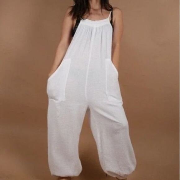 Saturday Sunday By Anthropologie Cream Gauzy Overalls Tie Shoulder size medium - Picture 1 of 10